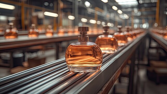 A conveyor belt transporting perfume bottles in a sleek, modern factory setting, highlighting the efficient manufacturing of luxury scents.