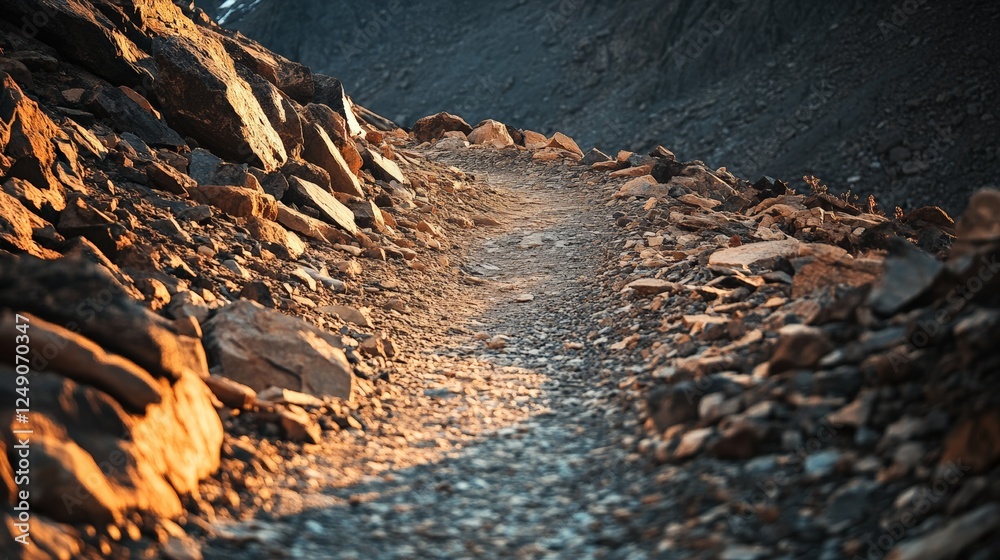 Poster golden sunlight illuminates a narrow path winding its way through a rocky mountain terrain, creating