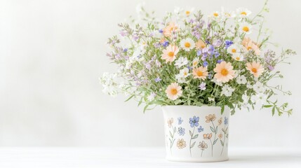 Adorable Potted Flowers in a Pastel Cozy Setup. A vibrant bouquet of wildflowers in a decorative pot.