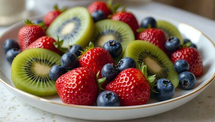 Obraz premium Fresh Strawberries and Kiwi Slices on Table