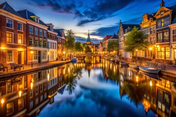 Naklejka premium Leiden Canal at Night, Long Exposure Photography, Netherlands