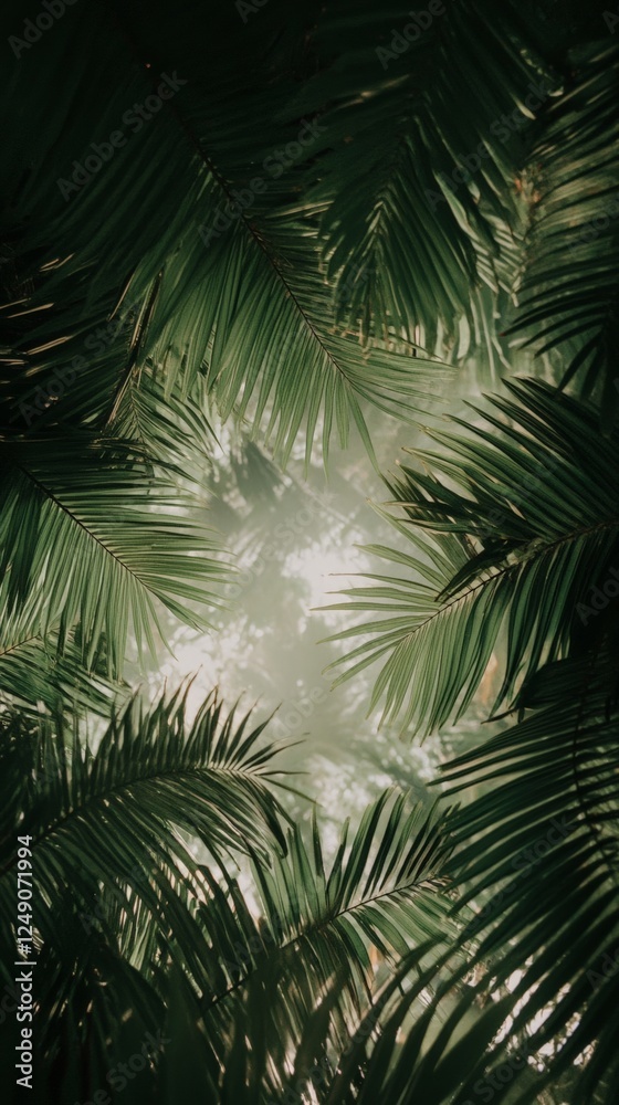 Poster sunlight filters through a dense canopy of vibrant green palm leaves, creating a captivating scene o