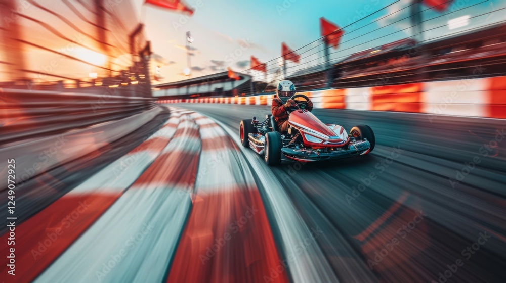 Aufkleber A go kart speeds along a winding track with red and white checkered patterns at sunset, creating a thrilling racing atmosphere infused with vibrant colors.