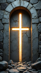 Naklejka premium The image depicts a stone archway with a bright light emanating from the center, forming a cross shape against the darkness outside the frame. This creates an atmosphere of mystery and religion