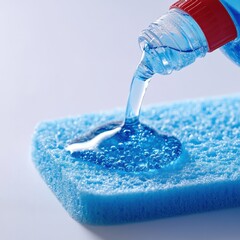 Blue dishwashing liquid streams onto a sponge, ready for cleaning dishes