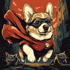 Fearless superhero corgi in cape and mask, on city streets, with two cats. AI Generative