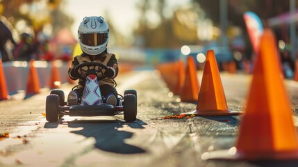 Fototapeta premium A young child in a helmet navigates a go kart around orange cones in an outdoor racing course filled with colorful autumn scenery, under the warm sun.