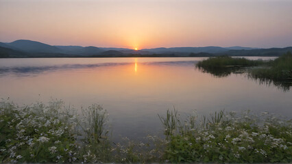 Fototapeta premium sunrise over lake with clean water with podmo flowers