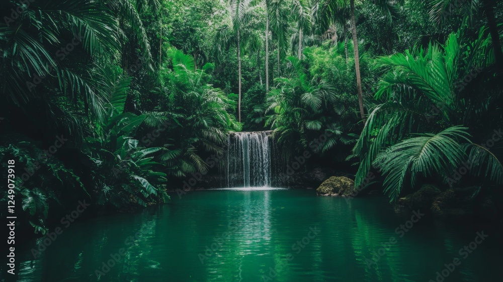 Poster emerald green water flows gently over a small waterfall, creating a serene pond surrounded by vibran