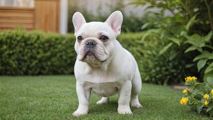 Fototapeta premium White french bulldog in the garden