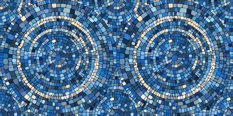 Seamless pattern blue Circular Mosaic. Decorative Antique Stone Ornament.
