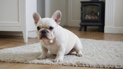 White french bulldog in the living room
