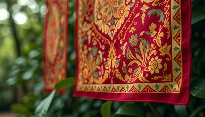 Red and Gold Embroidery in Green Forest
