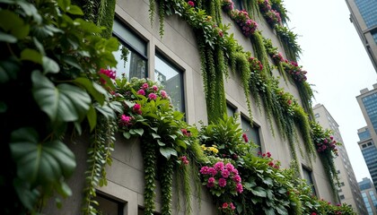 Fototapeta premium Vertical garden of flowers on building exterior