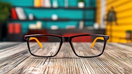 Stylish eyeglasses on a wooden table in a colorful room with books and decor in the background
