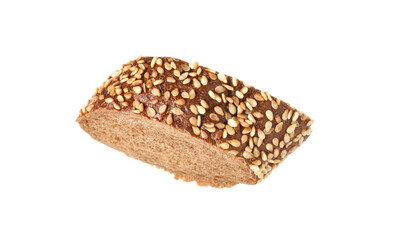 Piece of fresh baguette with sesame isolated on white