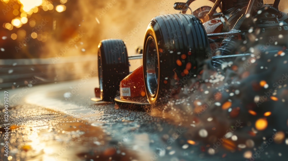 Poster a racing car navigates a wet track, kicking up water and creating smoke as it accelerates. the sun s