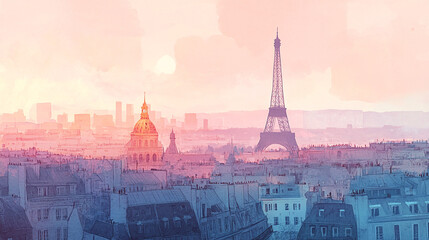 Fototapeta premium A beautiful cityscape with a pink and blue sky and the iconic Eiffel Tower towering in the background. The city is bustling with life, with many people walking around and enjoying the view