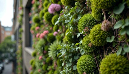 Green Wall with Pink Hydrangea Flowers Outdoors