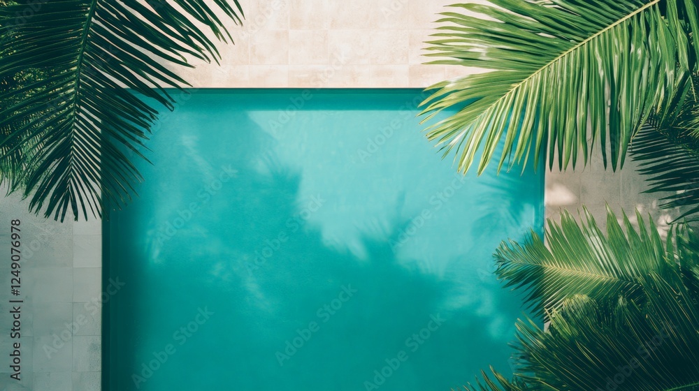 Poster lush green palm trees frame a vibrant turquoise swimming pool, their shadows dancing on the surface 