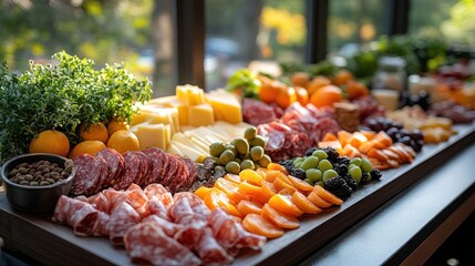 Abundant charcuterie board with various cheeses, meats, fruits, and olives.