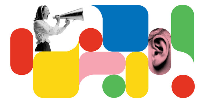 Woman shouting into megaphone next to colorful abstract speech bubbles. Concept of online activism, digital influence, communication and social media freedom. Conceptual art collage
