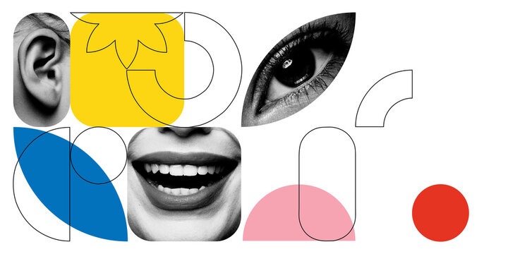 Collage of eye, ear, mouth, and abstract graphic elements against white background. Digital engagement, online communication through text, audio, and visual content. Conceptual art design