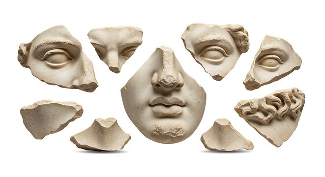 Broken pieces of ancient Greek statue face isolated. Antique sculpture head broken fragments png.
