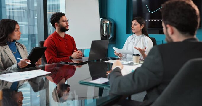 Office, paperwork or business people in meeting for investment opportunity, teamwork or advice. Talking, investor or budget analyst in group for partnership, sales revenue growth or profit increase