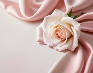 Romactic Flat Lay with Pink Rose, Silk Fabric, and Blank Card on Pastel Background