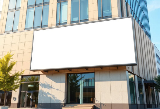 Cartel publicitario en blanco, cartelera, pancarta horizontal, maqueta frente a un edificio de oficinas
