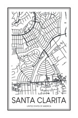 Printable downtown road map poster of the USA city of SANTA CLARITA on solid white background with city name