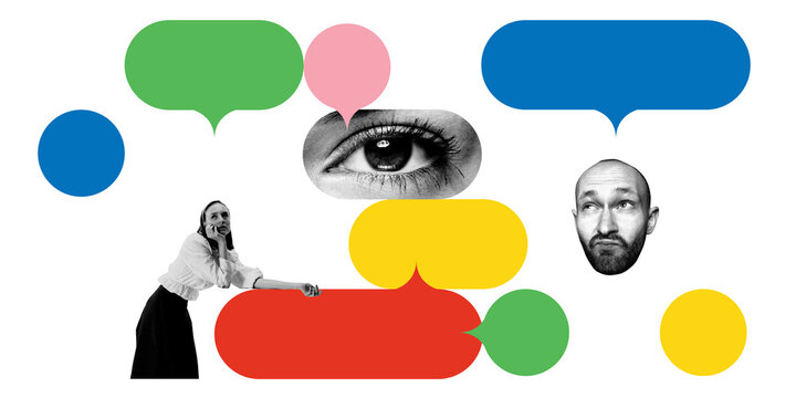 Woman and man engaging in conversation with floating speech bubbles, symbolizing interaction, opinions, and dialogue in digital spaces. Concept of communication, application, social networks