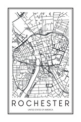 Printable downtown road map poster of the USA city of ROCHESTER on solid white background with city name