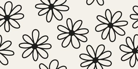 Hand drawn monochrome floral seamless pattern with line art style.