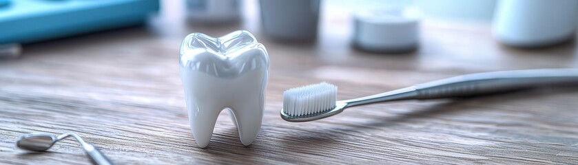 Dental Care Essentials with Tooth Model and Toothbrush on Table