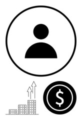 User avatar surrounded by a bold circle, bar chart with growth arrows, and dollar sign in a coin. Ideal for personal finance, success, growth, investment, management, business goals abstract line