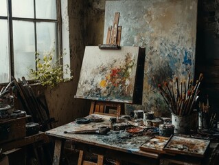 Obraz premium Colorful artist studio filled with paint, brushes, and unfinished canvases during daylight