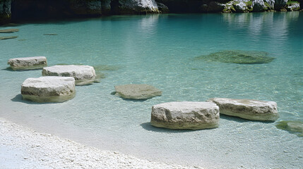 The image showcases a serene lake with crystal-clear water. A series of large, flat stones are partially submerged