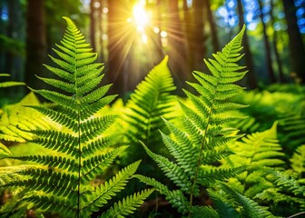 Lush Green Fern Leaves in Forest, Vibrant Spring Nature Background