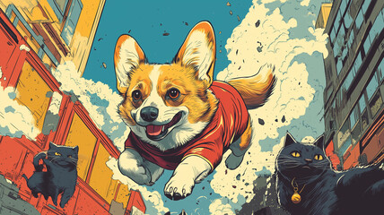 Epic superhero corgi in city in action, with dramatic comic-style explosions and cats. AI Generative