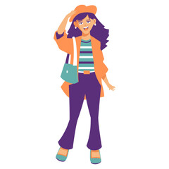 Fototapeta premium Illustration of a young woman wearing casual stylish outfit with hat and bag.