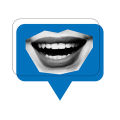 Naklejka premium Close-up of wide smile inside blue speech bubble highlights expressive digital interactions, engaging conversations, and friendly online communication in social media culture. Concept of applications