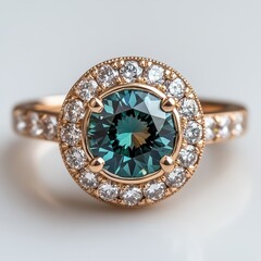 Fototapeta premium Elegant Round Cut Gemstone Ring with Halo Design in Rose Gold