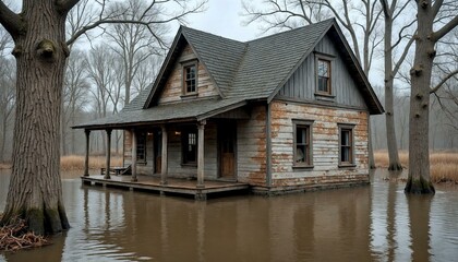 Small Wooden House Surrounded by Swamp Water