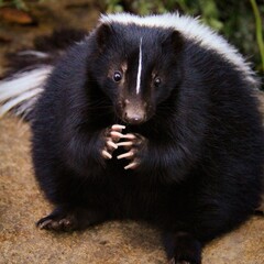 Skittish Skunk: Black skunk with distinctive white stripes, curled up in a defensive posture on a rock, showcasing its unique markings.
