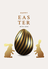 Happy Easter creative design with realistic 3d Easter eggs in black and gold color and hand drawn bunnies. Modern template for greeting banner, card, advertising, sale, web, poster.