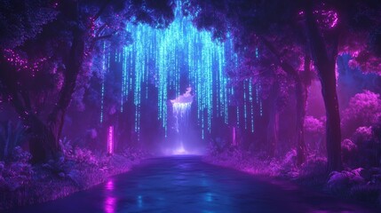 Futuristic cybernetic landscape with illuminated binary code in mystical forest setting