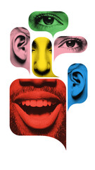 Colorful speech bubbles containing facial features such as eyes, ears, mouth, nose, representing...