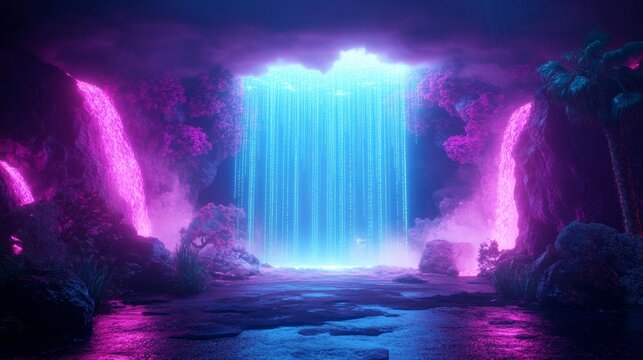 Futuristic cybernetic landscape with vibrant waterfalls and binary code cascade